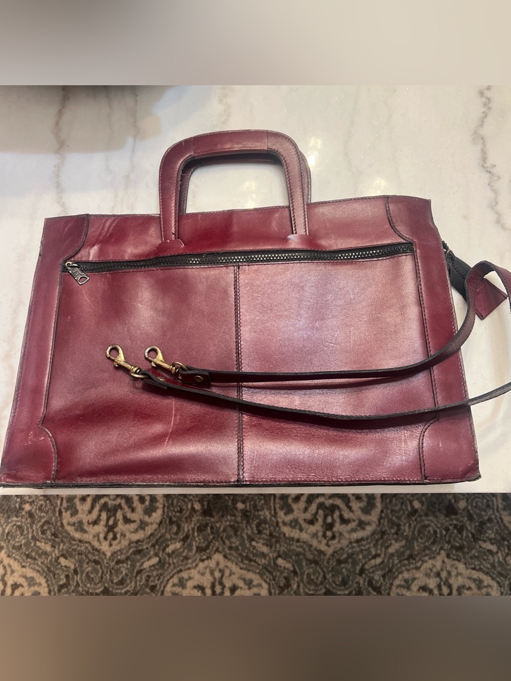 Vintage Genuine Leather Made In Uruguay Maroon Briefcase With Strap